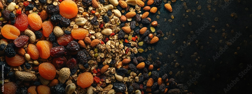 Poster mixed nuts and dried fruits scattered on a dark surface with copy space for text placement