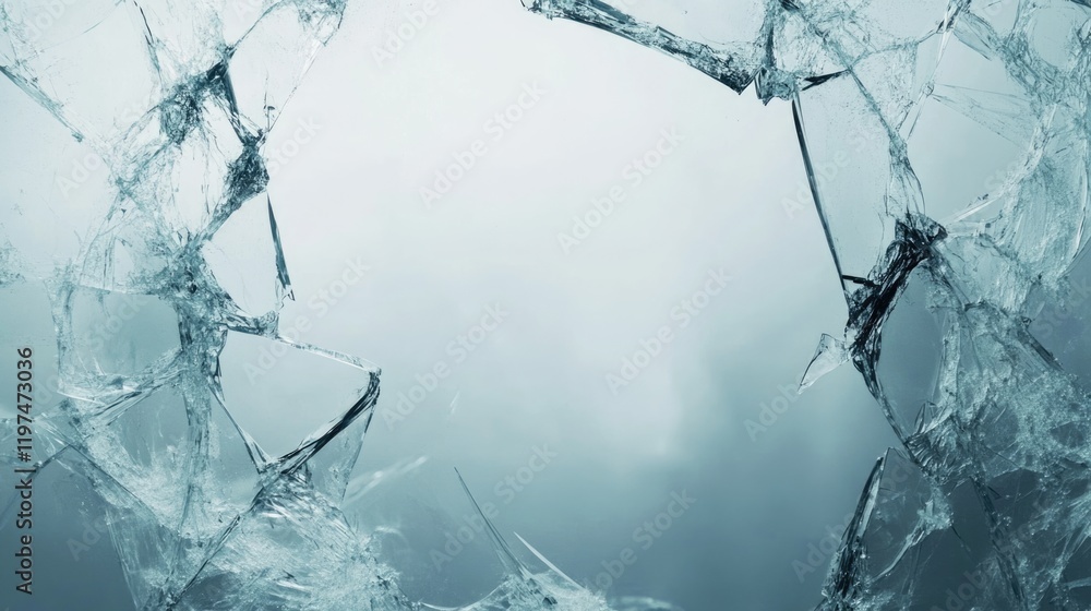Poster cracked glass texture with blurred background and copy space for text placement. abstract shattered 