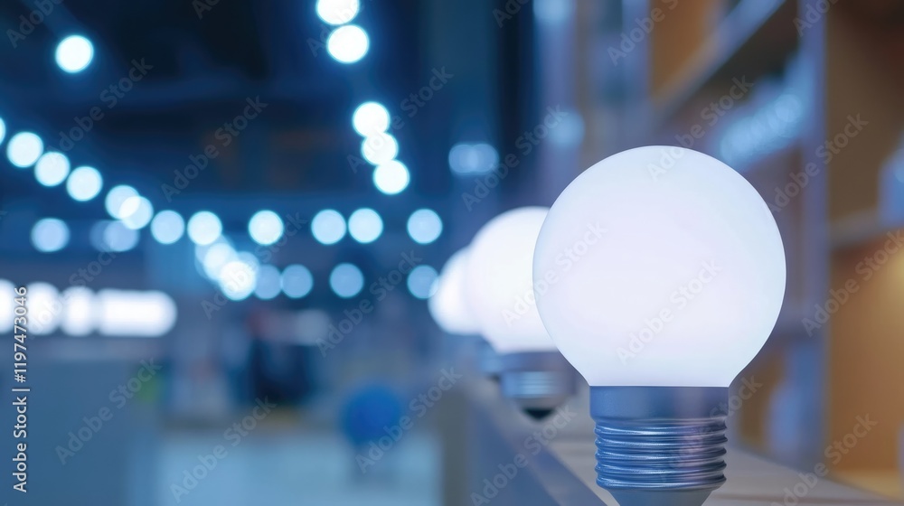 Poster illuminated light bulbs displayed in a modern interior with bokeh effect and copy space for text.