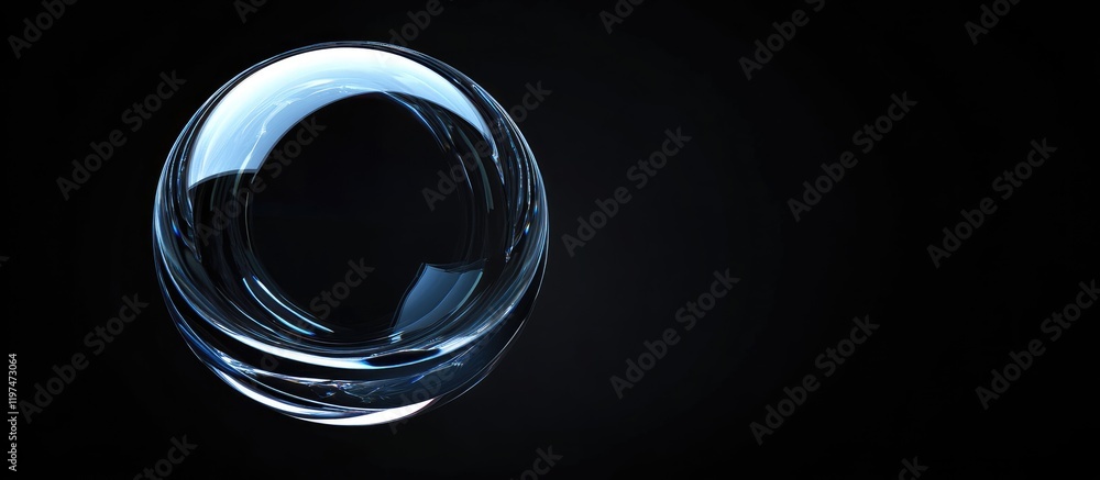 Poster transparent glass orb on a dark background with copy space for text placement