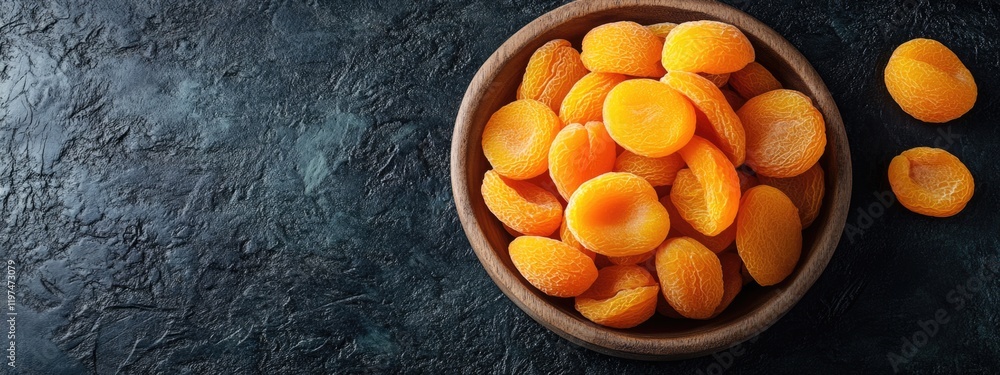 Poster bowl of fresh apricots on a dark textured background with copy space for text