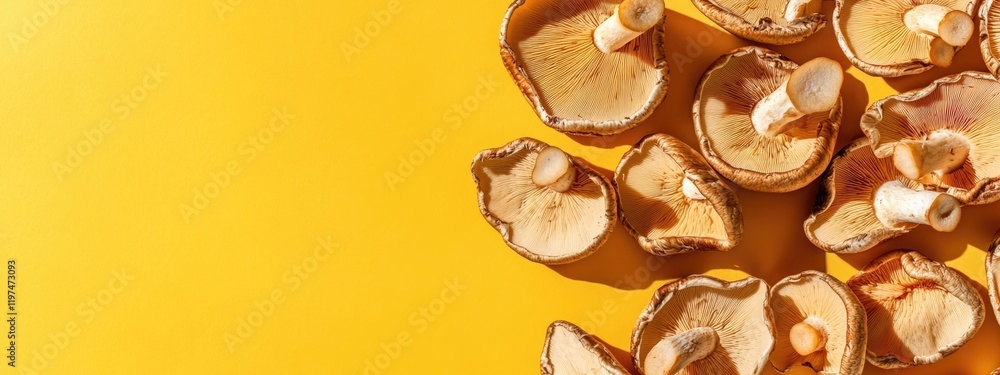 Poster dried apple slices on vibrant yellow background with copy space for text placement