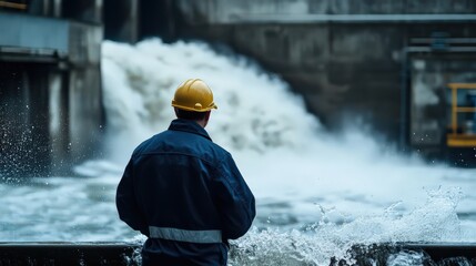 A technician monitoring energy output at a hydroelectric power station, surrounded by flowing water.
