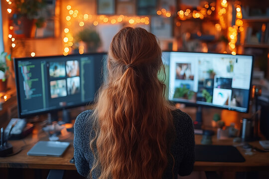 A professional delivering a webinar from a home office, with a well-organized setup. Bright lighting, contrast