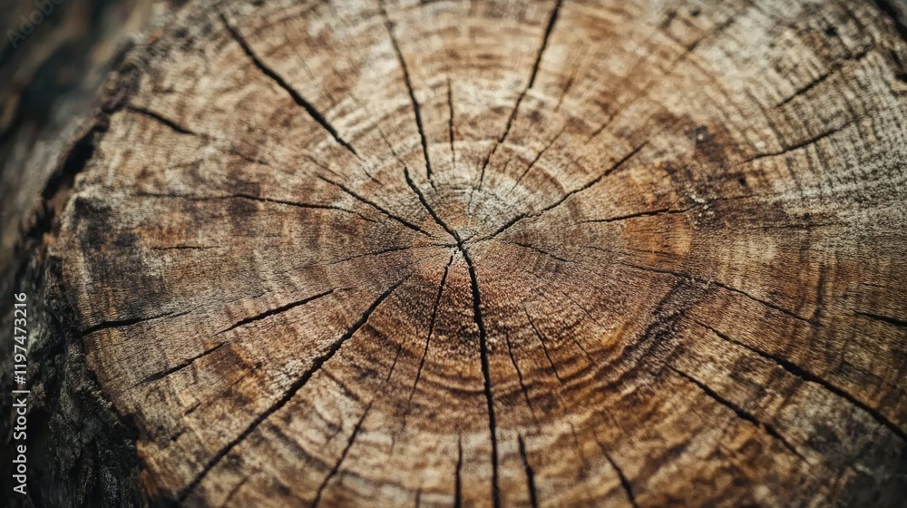 Poster cross-section of a tree stump showcasing natural textures and annual rings with ample copy space for