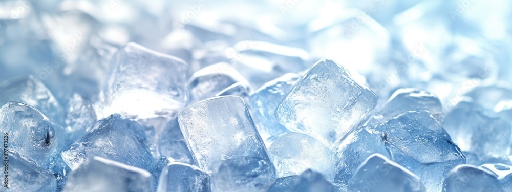 Poster close-up of ice cubes with cool tones and reflections, ice texture with copy space for text placemen