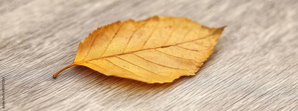 Poster autumn dry yellow leaf on rustic wooden surface with natural texture and copy space for text inserti