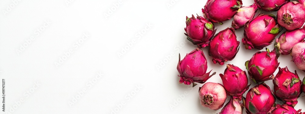 Poster pink rosebuds arranged on a white background with ample copy space for text or design elements