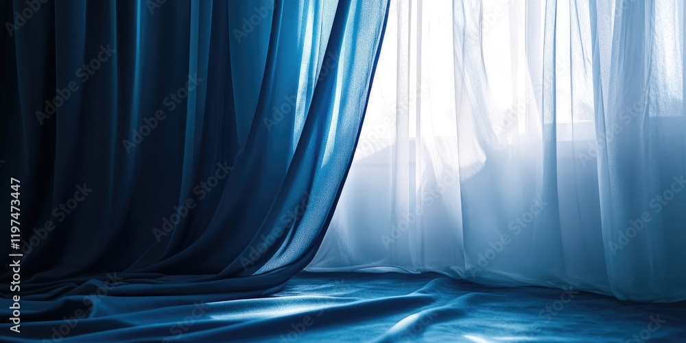 Poster sheer curtains in blue and white draped elegantly with soft light filtering through a window copy sp