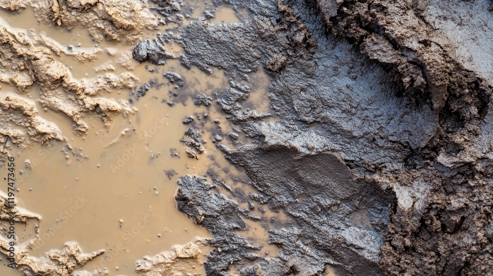 Poster mud textures with varying shades of brown and gray showcasing wet soil patterns, including deep ruts