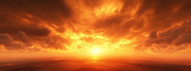 Obraz premium Vibrant sunset over the ocean with dramatic clouds and warm colors in the sky Copy Space