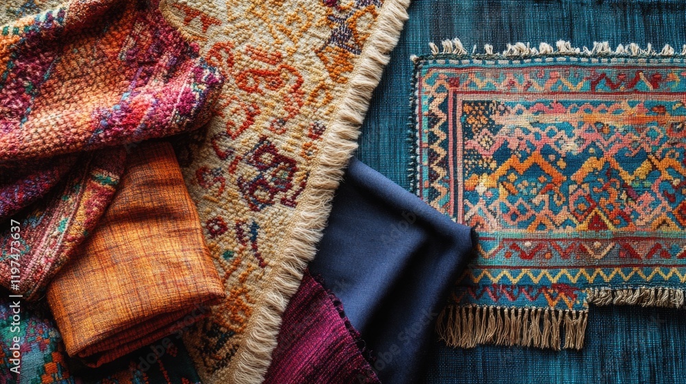 Poster textiles and handwoven fabrics in vibrant colors and patterns with copy space for design use