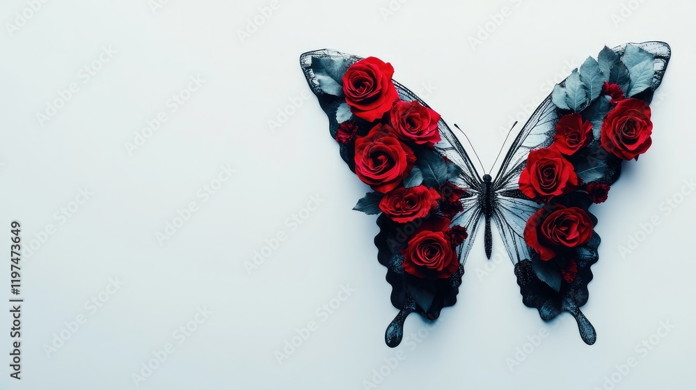 Poster butterfly shape created with red roses against a plain background with copy space for text placement