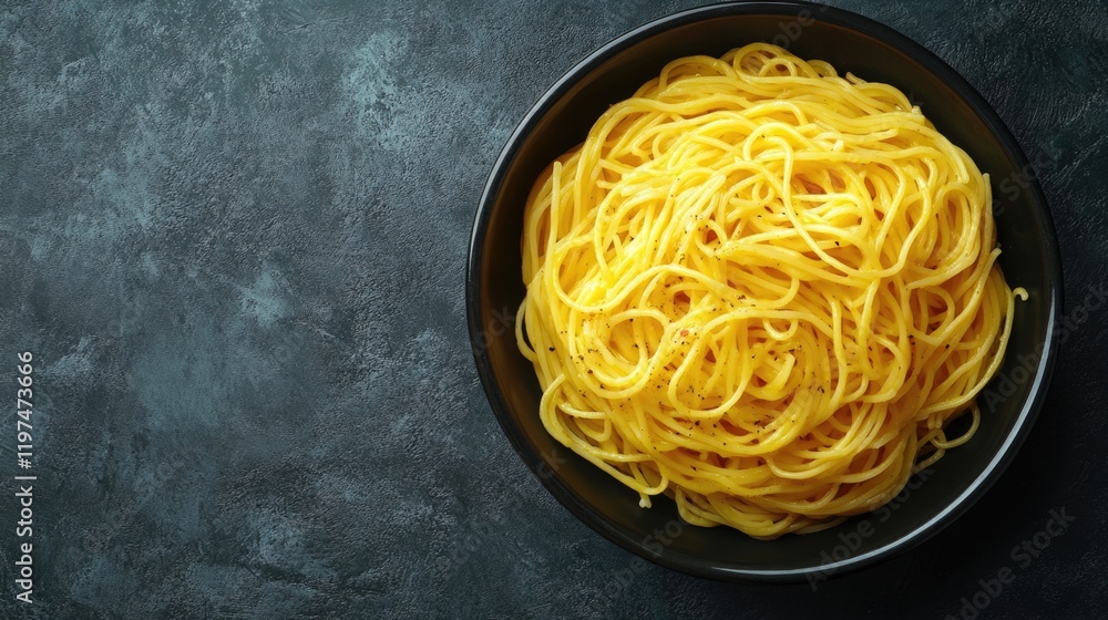 Aufkleber bowl of cooked spaghetti noodles on dark textured background with ample copy space for text placemen