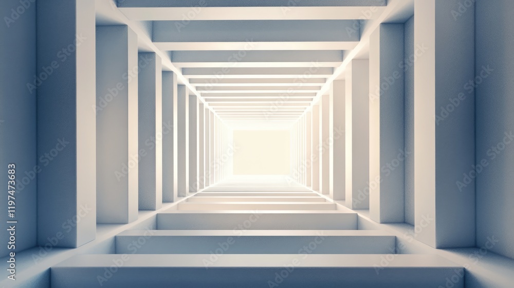 Poster abstract view of a modern architectural structure looking upwards with square beams and bright light