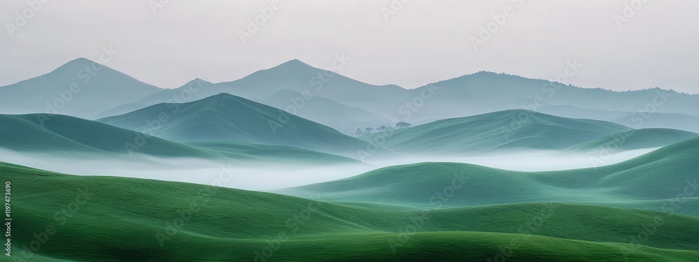 Poster misty green hills and rolling mountains under a cloudy sky with soft light and copy space for text p