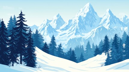 Fototapeta premium Snowy mountain landscape with pine trees against a blue sky featuring peaks and Copy Space for text placement in winter-themed designs.