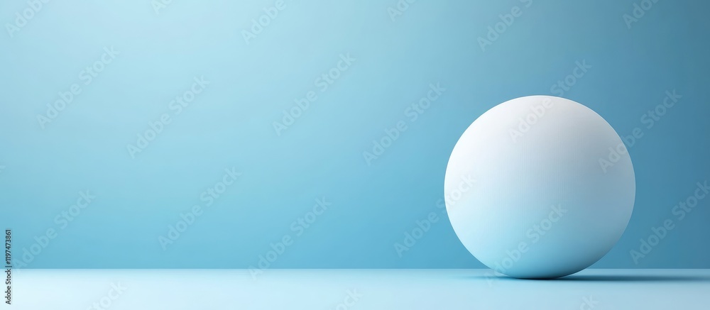 Poster minimalist composition of a white sphere on a soft blue background with copy space for text placemen