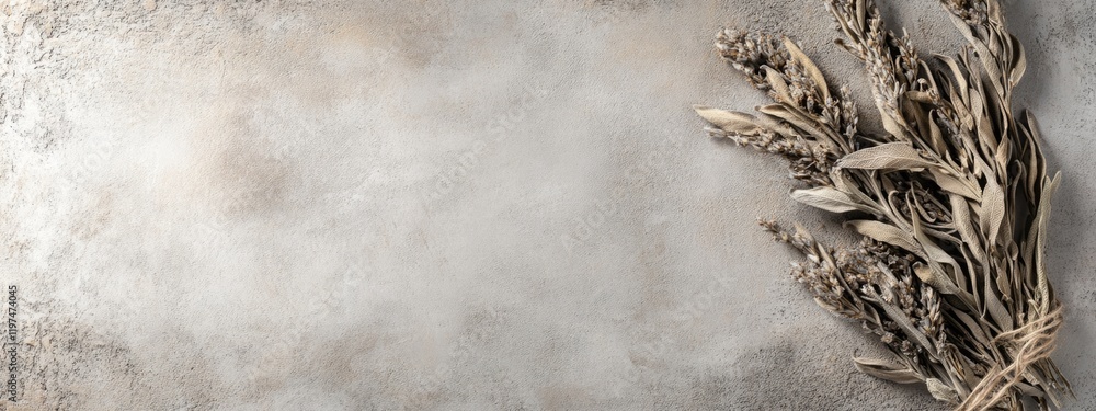 Aufkleber dried herbs and foliage on a textured gray background with copy space for text or design elements
