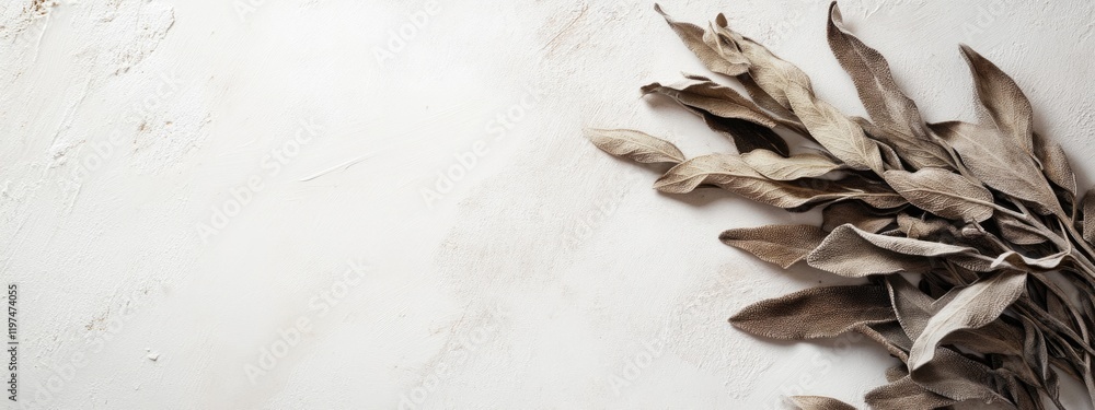 Poster dried sage leaves on textured marble background with ample copy space for text insertion