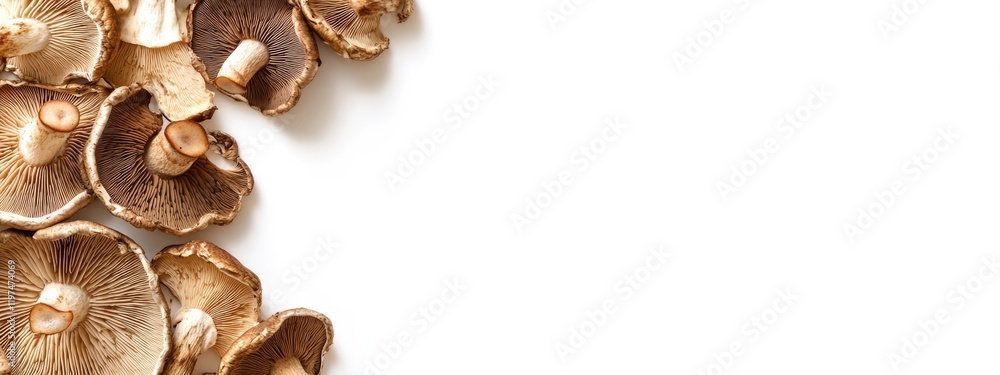 Poster dried mushrooms on a white background with copy space for text or graphics