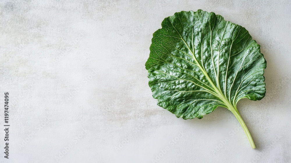 Aufkleber fresh collard green leaf on textured gray background with ample copy space for text or design elemen
