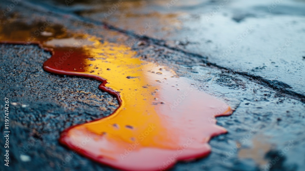 Poster liquid red substance spilled on asphalt surface with reflections and textures showing copy space for