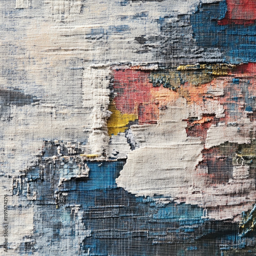 Poster abstract textured fabric close-up with multicolored patches and distressed patterns showcasing intri