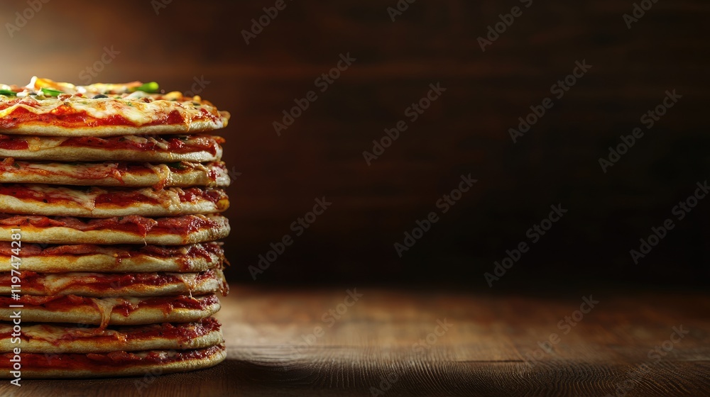 Poster stack of freshly baked pizzas with cheese and toppings on a wooden table with soft focus background 