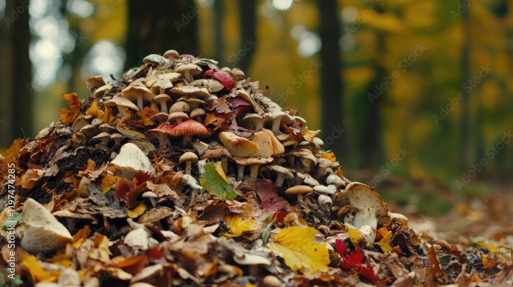 Poster colorful mushroom cluster on a pile of autumn leaves in a forest setting with a blurred background a