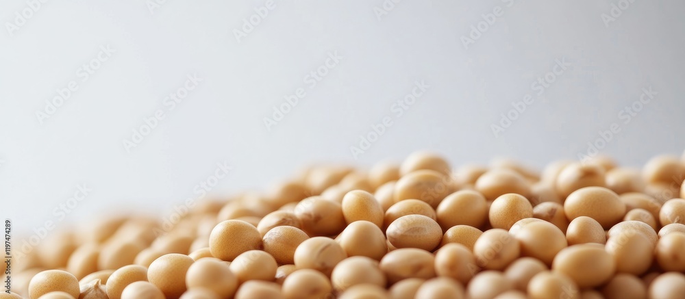 Poster close-up view of a pile of raw soybeans on a light background with ample copy space for text placeme