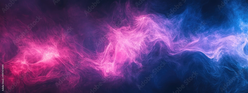 Poster colorful abstract smoke waves on a dark background with gradient hues of pink and blue with copy spa
