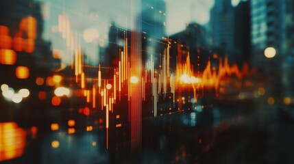 Creative glowing big data forex candlestick chart on blurry city background. Trade, technology, investment and analysis concept. Double exposure