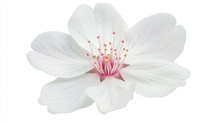 Obraz premium White cherry blossom flower with delicate pink accents suitable for backgrounds and designs featuring copy space.