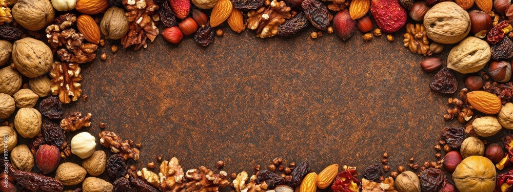 Poster mixed nuts and dried fruits arranged around a textured brown background with copy space for text pla