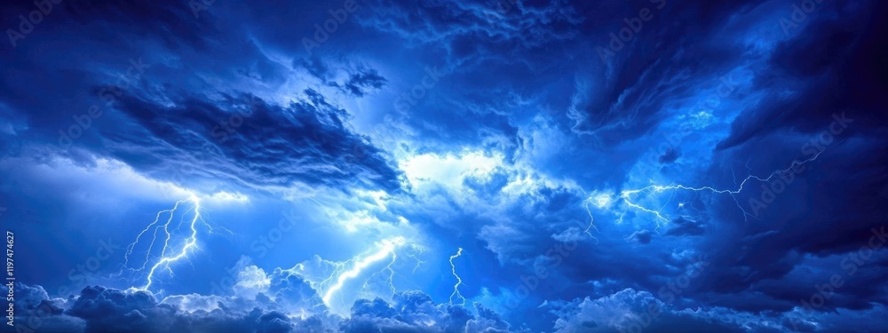 Poster dramatic thunderstorm clouds illuminated by lightning in a blue sky with copy space for overlay text