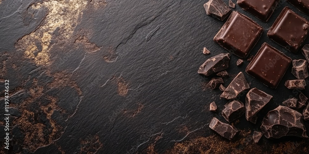 Poster dark chocolate pieces on a textured black and gold background with ample copy space for text placeme