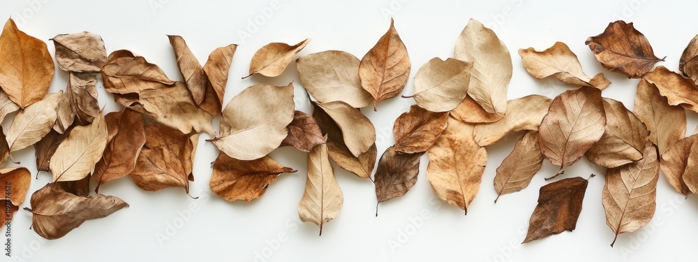 Poster dried leaves collection arranged on a white background with copy space for text or graphics.