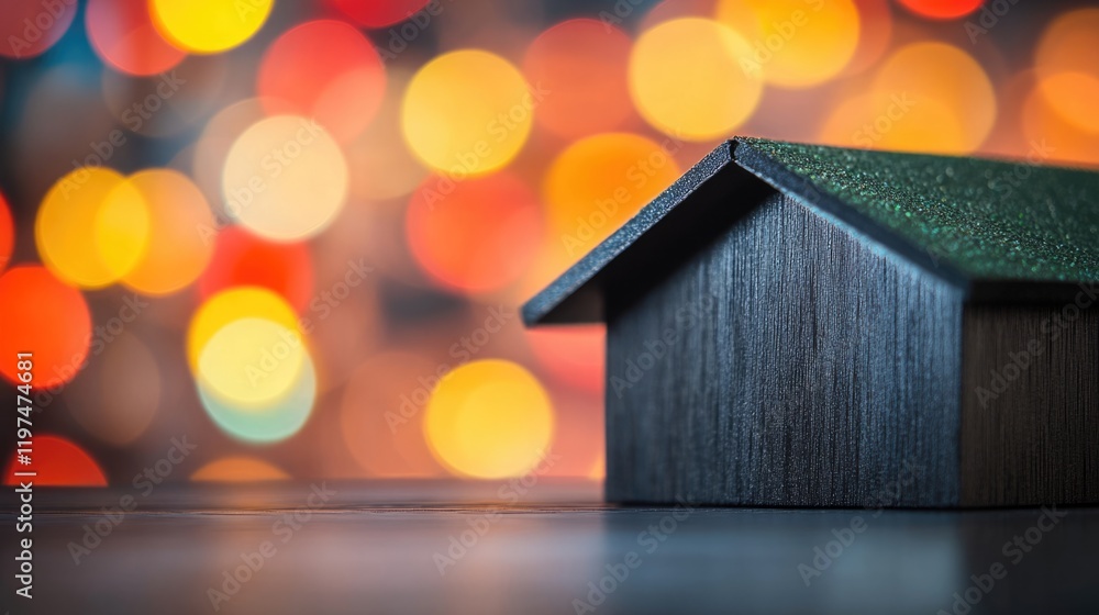Poster wooden model house on a table with blurred colorful bokeh background and copy space for text or adve