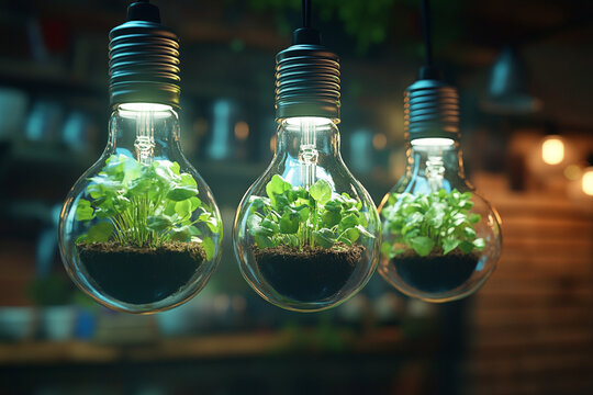 Light bulbs contain small plants representing innovative green energy solutions