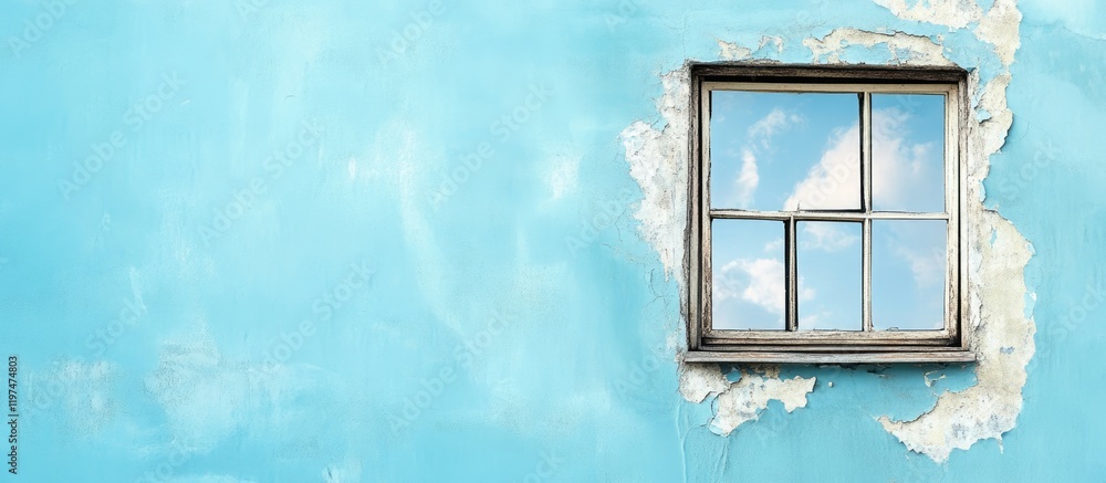 Poster vibrant blue wall with an old window frame showcasing a reflection of the sky and clouds copy space 