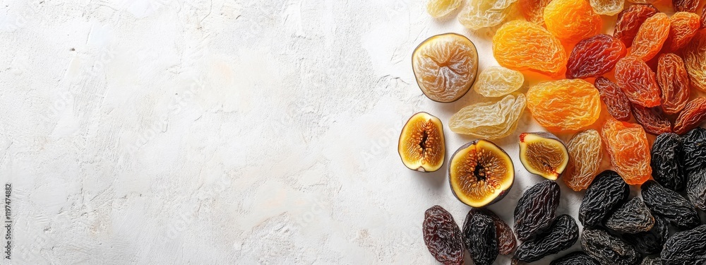 Poster dried fruits assortment on textured background with copy space for text or design elements including