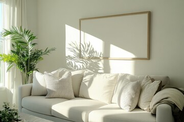 Sunlight dances through plants casting shadows on a cozy white sofa in a serene living room setting