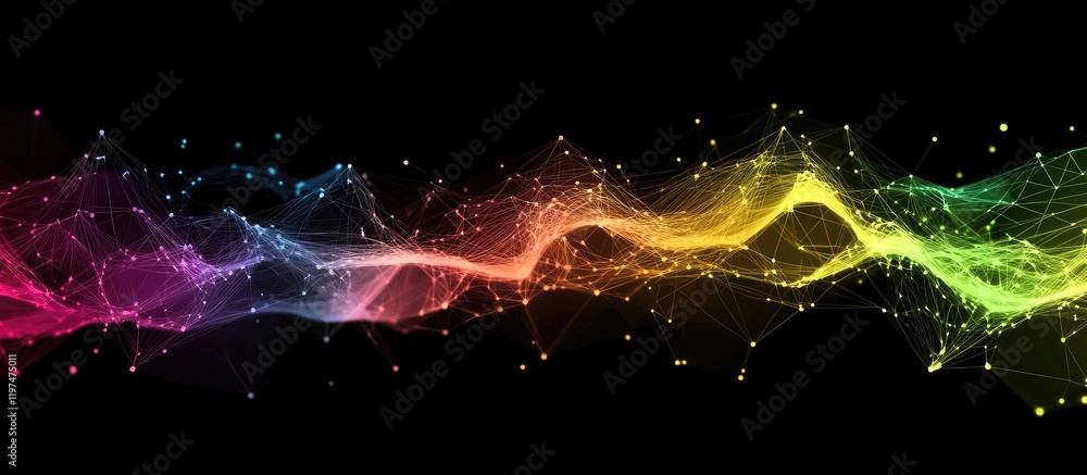 Poster colorful abstract wave design with bright flowing lines on a black background suitable for graphic d
