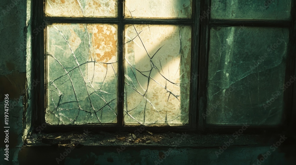 Poster abandoned window with cracked glass in an old building highlighting decay and neglect with natural l