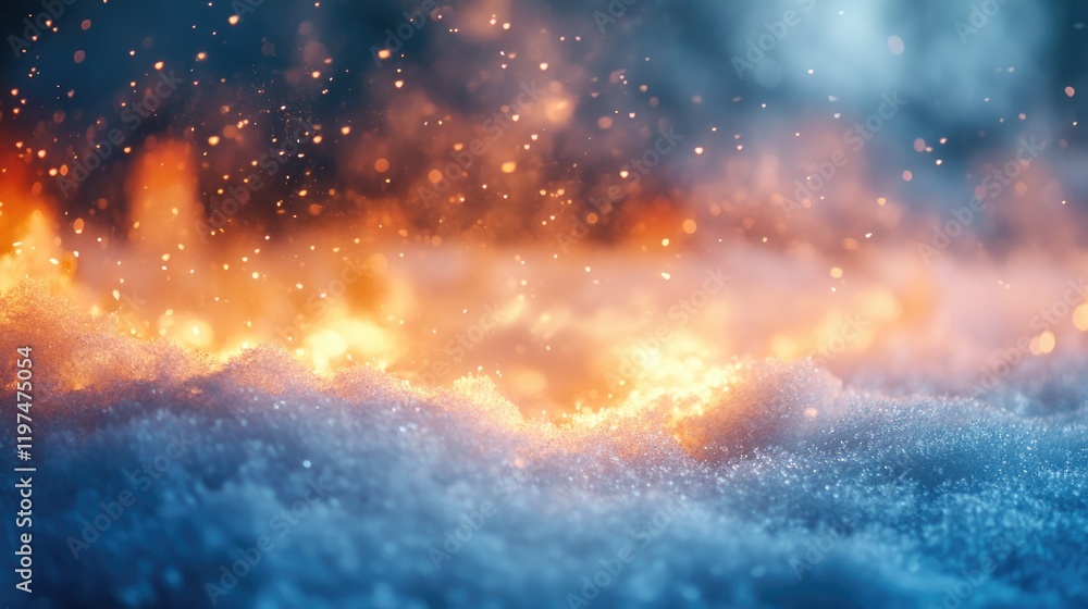 Poster abstract image of glowing embers on snow with blue and orange tones and a soft bokeh effect suitable