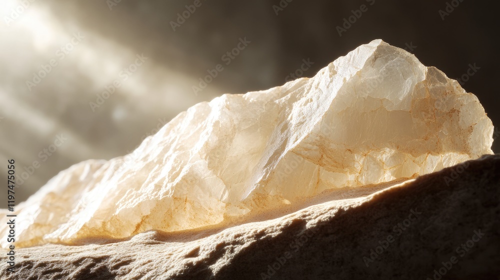 Poster close-up of translucent quartz crystal on rocky surface illuminated by soft natural light with copy 
