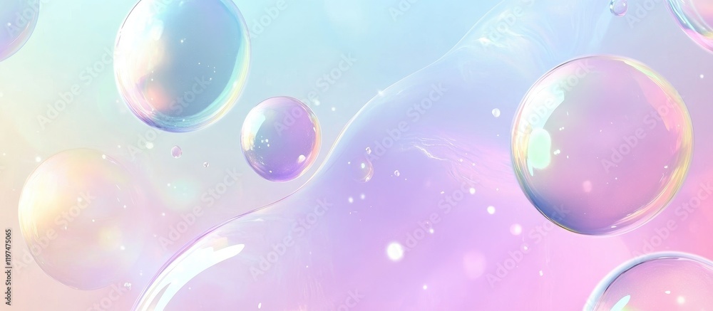 Poster colorful soap bubbles on a soft pastel background with smooth gradients and copy space for text plac