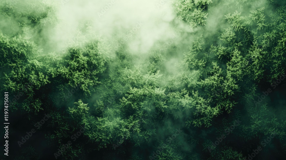 Aufkleber aerial view of lush green forest trees partially covered by mist and fog creating a serene natural l