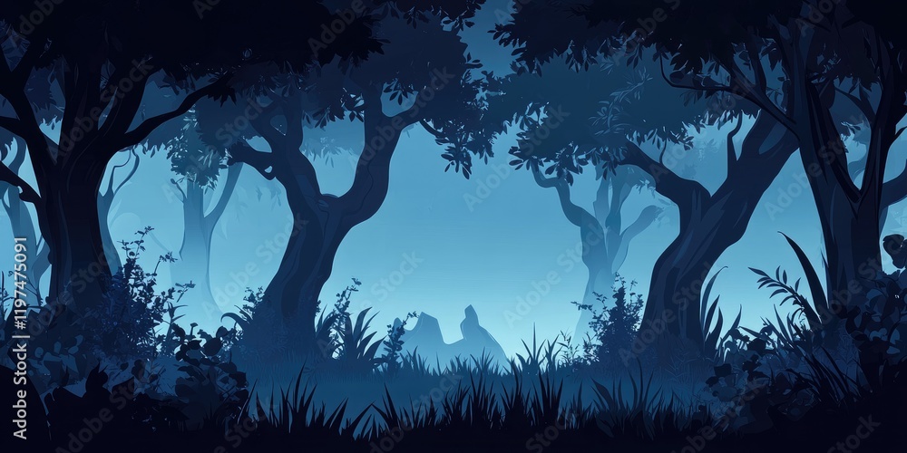 Poster silhouette of dense forest with misty blue background and illuminated clearing copy space for text i